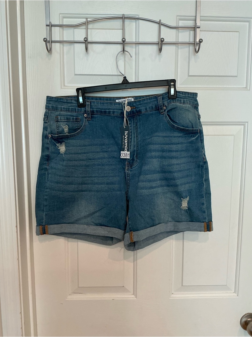 LU VANNI Medium Blue Rolled Cuff Distressed Denim Shorts